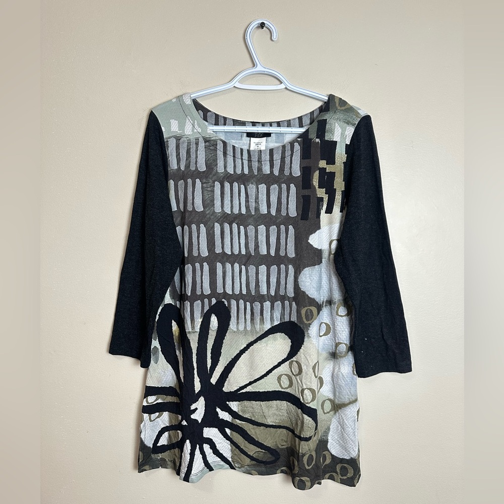 Dolcezza Abstract Tunic Top Black Olive Green Stretch Long Sleeve Women’s Size M - Picture 2 of 5